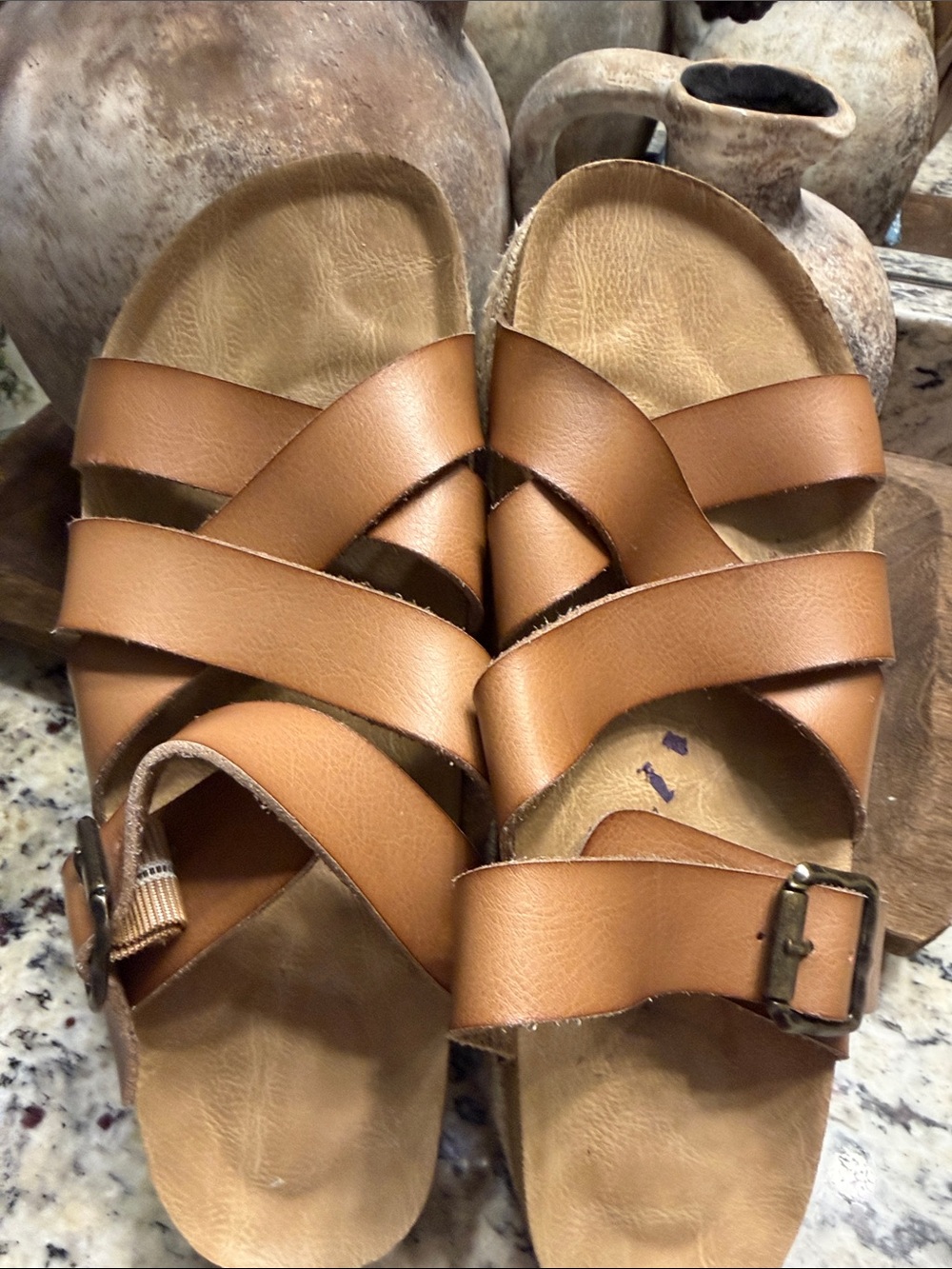 Tan Leather Strappy Buckle Sandals